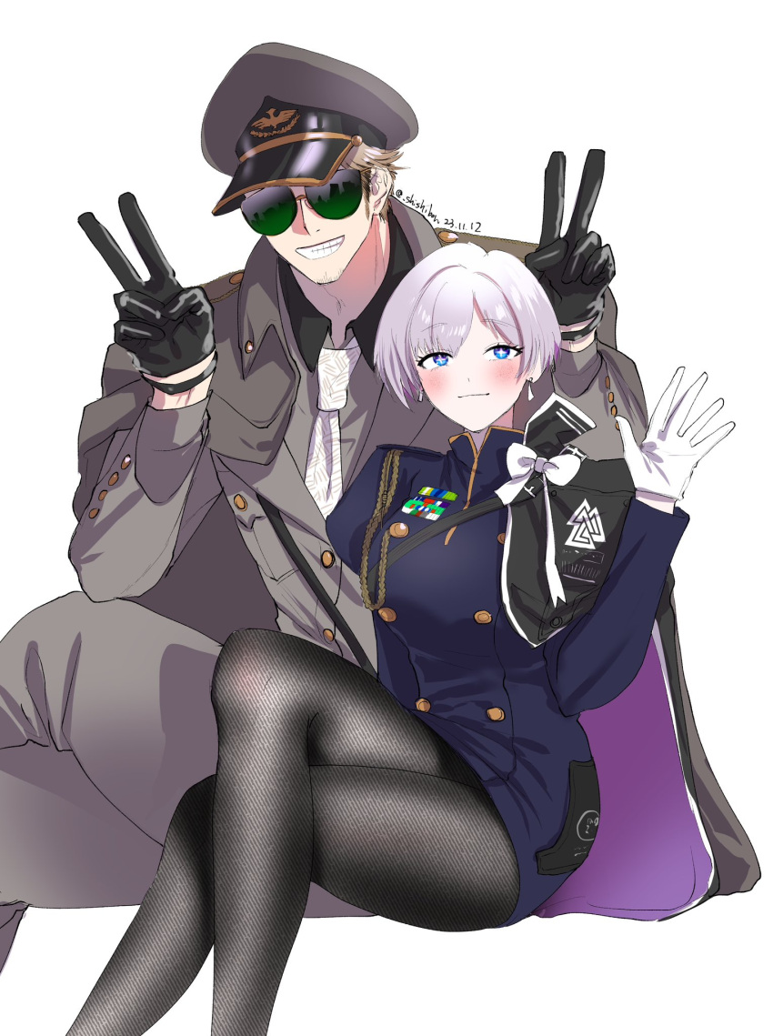 +_+, 1boy, 1girl, aviator_sunglasses, black_gloves, blush, bonbonboon, brown_coat