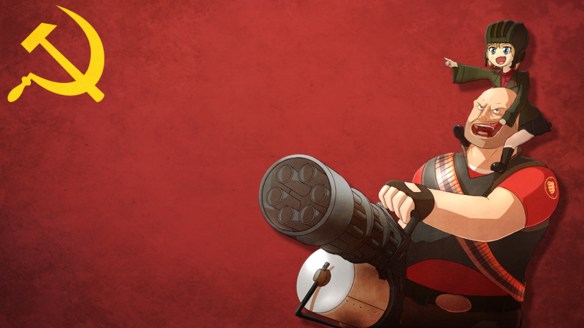 1boy, 1girl, bald, blue_eyes, boots, crossover, emblem, fang