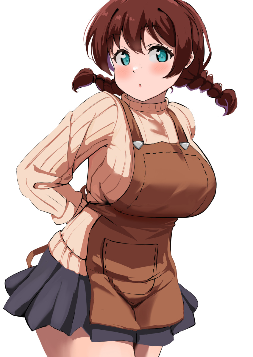 1girl, :o, absurdres, apron, apron_pull, black_skirt, blue_eyes, blush, braid, breasts, brown_apron, brown_hair, commentary_request, emma_verde, evildaddy12, freckles, hair_between_eyes, highres, large_breasts, long_hair, long_sleeves, love_live!, love_live!_nijigasaki_high_school_idol_club, low_twin_braids, low_twintails, open_mouth, pleated_skirt, pocket, ribbed_sweater, simple_background, skirt, solo, sweater, twin_braids, twintails, upper_body, white_background
