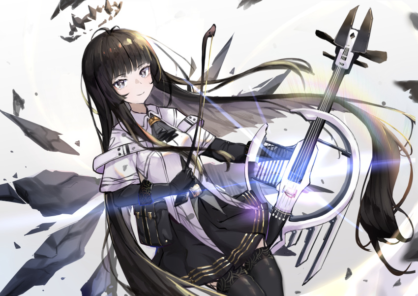 1girl, antenna_hair, arknights, ascot, belt, belt_buckle, belt_pouch, black_ascot, black_belt, black_eyes, black_garter_straps, black_gloves, black_hair, black_halo, black_pouch, black_skirt, black_sleeves, black_thighhighs, black_wings, blunt_bangs, bow_(music), breasts, bright_pupils, broken_halo, buckle, cello, closed_mouth, collared_jacket, colored_inner_hair, commentary, cowboy_shot, dark_halo, detached_wings, dutch_angle, energy_wings, eyelashes, floating_hair, from_side, garter_straps, glint, gloves, grey_hair, grey_shirt, halo, hands_up, hime_cut, holding, holding_instrument, holding_violin, instrument, jacket, layered_sleeves, lens_flare, long_hair, long_sleeves, looking_at_viewer, looking_to_the_side, miniskirt, multicolored_hair, pale_skin, pleated_skirt, pouch, rainbow_(pixiv_66183854), shirt, short_over_long_sleeves, short_sleeved_jacket, short_sleeves, sidelocks, simple_background, skirt, smile, solo, standing, symbol-only_commentary, thigh-highs, two-tone_hair, very_long_hair, violin, virtuosa_(arknights), white_background, white_belt, white_jacket, white_pupils, wide_sleeves, wing_collar, wings