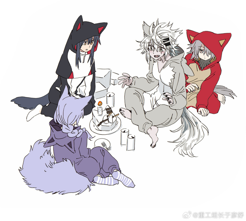 4girls, animal_ears, arknights, birthday_cake, black_hair, black_nails, bottle, braid