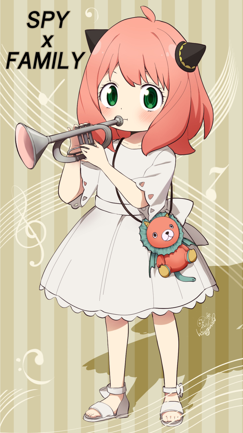 1girl, anya_(spy_x_family), blush, child, copyright_name, director_chimera_(spy_x_family), doll, dress