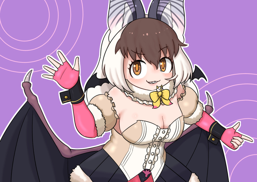 1girl, animal_ears, bat_ears, bat_girl, bat_wings, brown_eyes, brown_hair, brown_long-eared_bat_(kemono_friends), cacaocreate, elbow_gloves, extra_ears, fingerless_gloves, gloves, grey_hair, highres, kemono_friends, kemono_friends_v_project, leotard, long_hair, looking_at_viewer, microphone, pantyhose, purple_background, simple_background, skirt, solo, virtual_youtuber, wings
