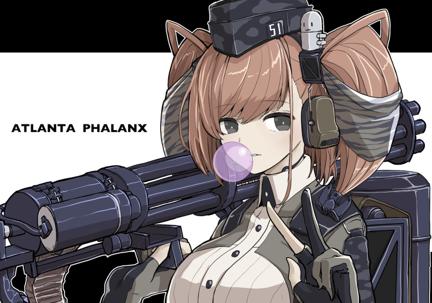 1girl, alternate_costume, anchor_hair_ornament, anti-aircraft, anti-aircraft_gun, atlanta_(kancolle), black_headwear, boushi-ya