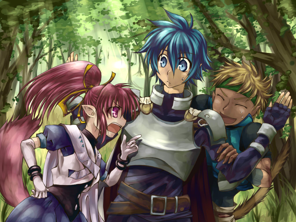 1girl, 2boys, :o, armor, belt, blonde_hair, blue_eyes, blue_hair, blue_skirt, blue_vest, bracelet, brown_hair, cape, day, debora_(erinaandtsugu), dorne_murtough, elbow_gloves, fingerless_gloves, forest, gloves, green_headband, hair_between_eyes, hairband, hand_up, headband, jewelry, millie_chliette, multiple_boys, nature, outdoors, pointy_ears, ponytail, roddick_farrence, skirt, star_ocean, sweatdrop, tail, tree, vest, violet_eyes, white_cape, white_gloves, yellow_hairband