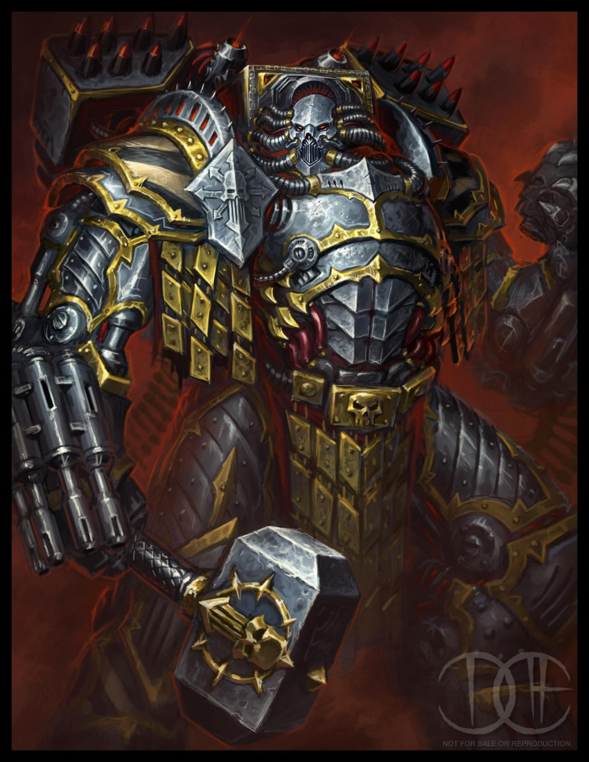1boy, armor, breastplate, david_haire, forgebreaker, full_armor, gauntlets, hair_tubes, hammer, helm, helmet, highres, holding, holding_hammer, holding_weapon, missile_pod, pauldrons, perturabo, power_armor, primarch, red_eyes, rocket_launcher, shoulder_armor, signature, solo, tube, vambraces, war_hammer, warhammer_40k, weapon, weapon_on_back