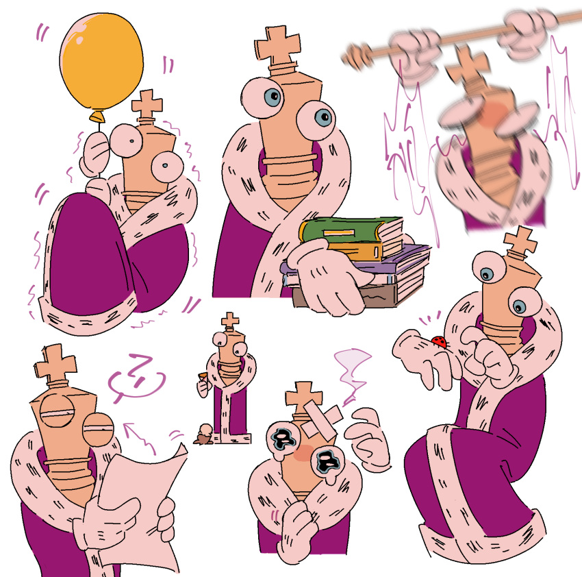 1boy, ?, balloon, bandages, blue_eyes, book, bug, chess_piece, constricted_pupils, crying, crying_with_eyes_open, disembodied_limb, food, fur-trimmed_robe, fur_trim, highres, holding, holding_scepter, ice_cream, king_(chess), kinger_(the_amazing_digital_circus), kkupiii, ladybug, looking_at_viewer, looking_down, looking_to_the_side, narrowed_eyes, paper, robe, scepter, shaking, solo, tears, the_amazing_digital_circus