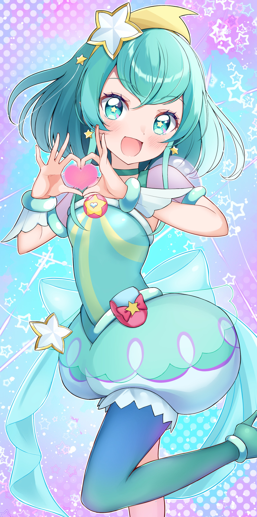1girl, :d, absurdres, aqua_eyes, aqua_hair, blue_shirt, blue_shorts, blush