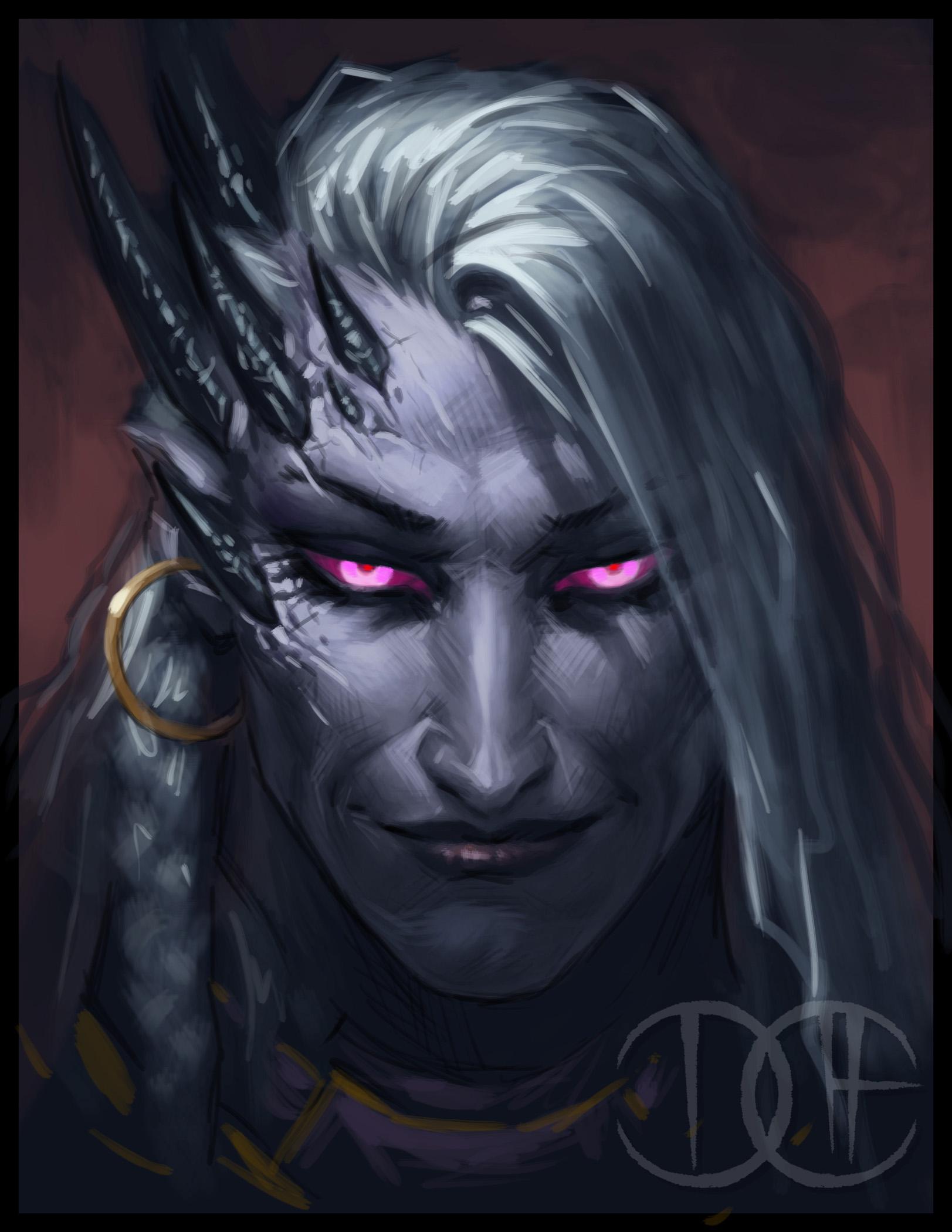 1boy, armor, braid, breastplate, close-up, david_haire, demon, demon_horns
