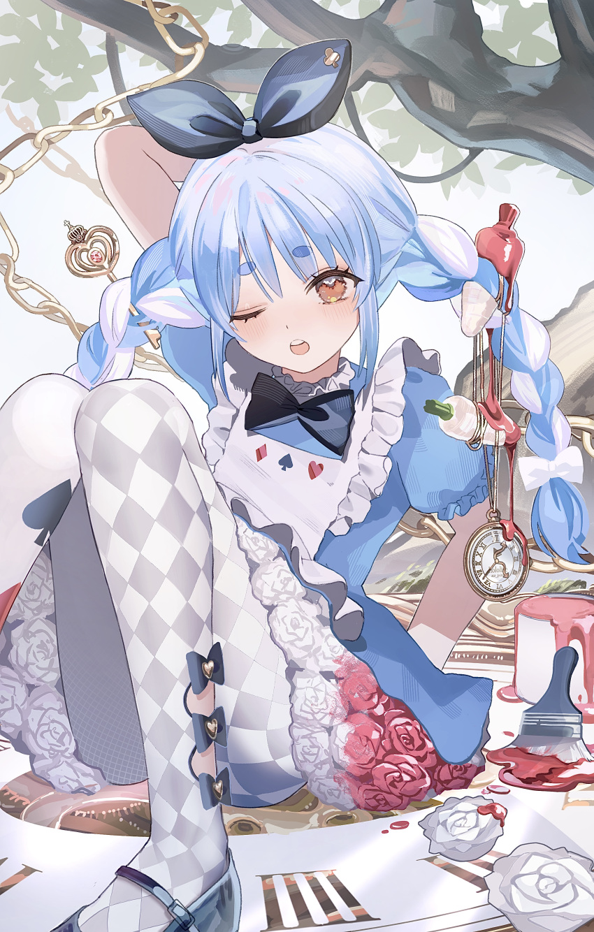 1girl, absurdres, alice_(alice_in_wonderland), alice_(alice_in_wonderland)_(cosplay), apron, arm_behind_back, arm_up, asa_going