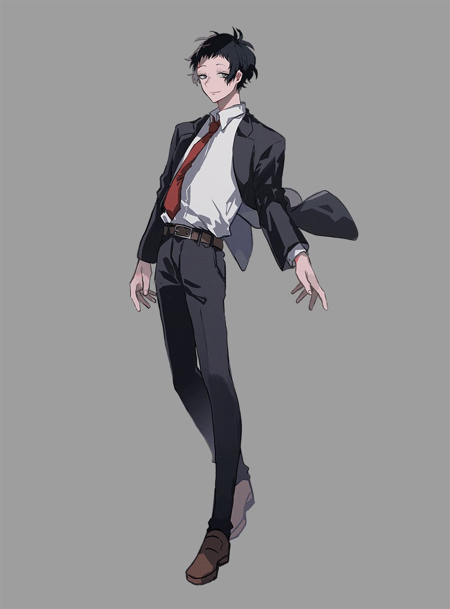 1boy, adachi_tooru, belt, black_hair, black_jacket, black_pants, brown_belt, brown_footwear, business_suit, closed_mouth, collared_shirt, full_body, grey_background, grey_eyes, highres, jacket, long_sleeves, looking_at_viewer, male_focus, necktie, pants, persona, persona_4, red_necktie, shirt, shoes, short_hair, simple_background, smile, solo, standing, suit, white_shirt, zeka_(skzk_cm)