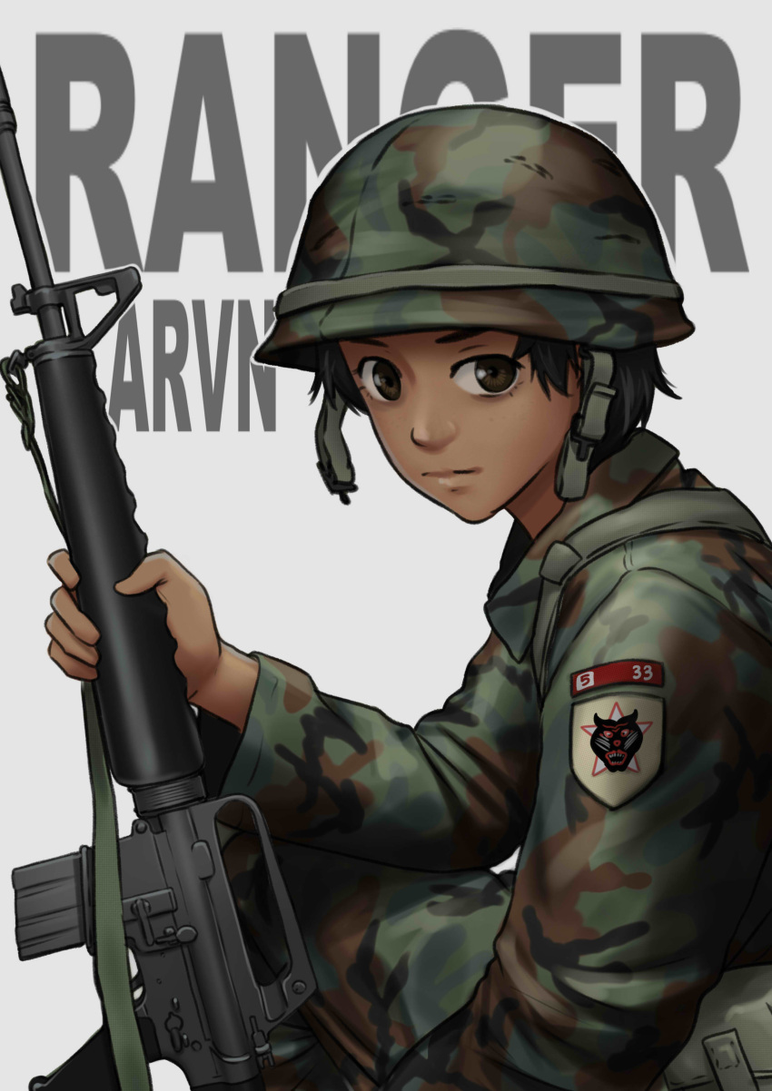 1girl, absurdres, assault_rifle, black_eyes, black_hair, camouflage, camouflage_headwear, camouflage_pants