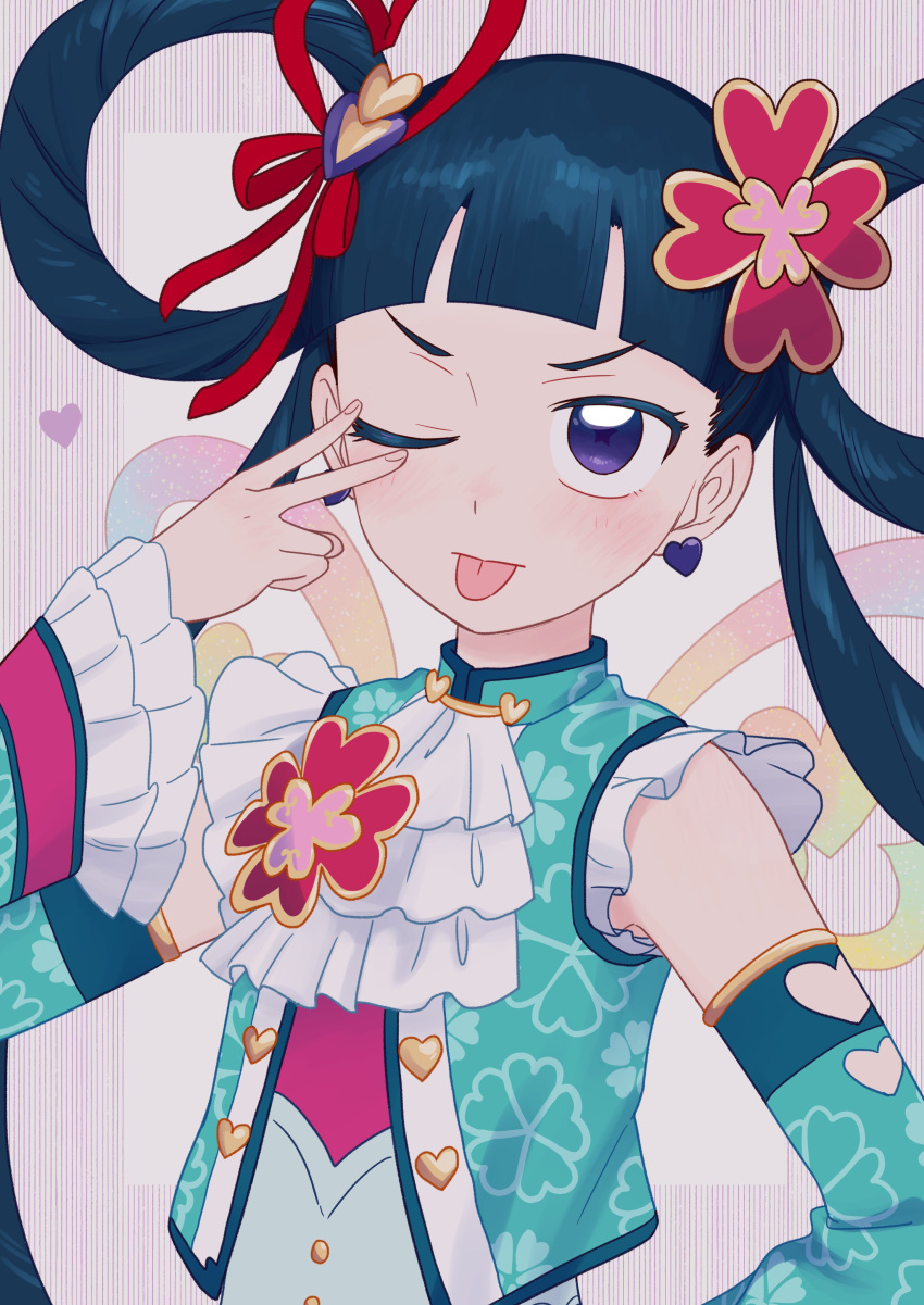 1girl, absurdres, akanbe, ascot, blue_jacket, blue_sleeves, blunt_bangs, chinese_clothes