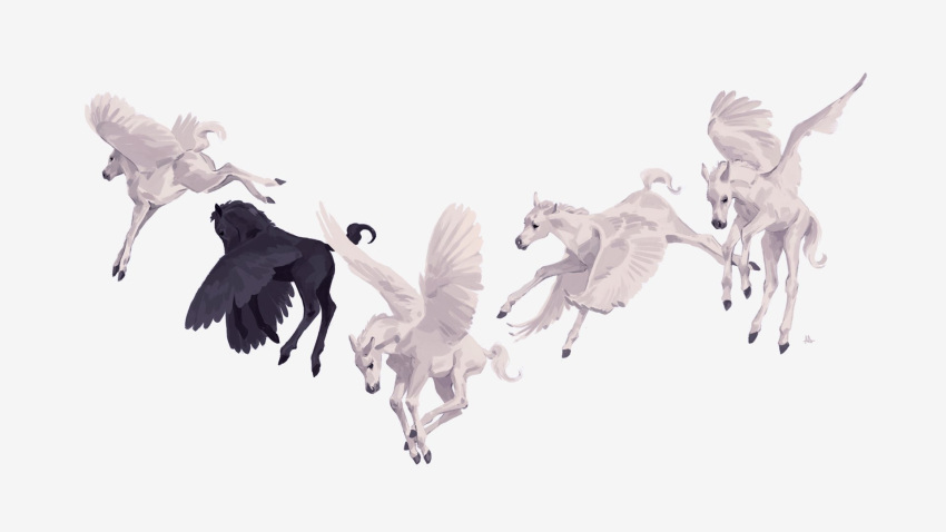 alexandria_neonakis, animal_ears, animal_focus, black_eyes, black_fur, commentary, english_commentary, highres, horse, horse_ears, horse_tail, no_humans, original, pegasus, realistic, signature, tail, white_background, white_fur