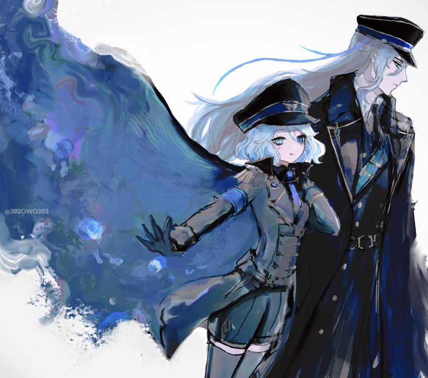1boy, 1girl, 303owo303, black_coat, black_gloves, black_headwear, black_necktie, black_pants, black_shorts, black_thighhighs, blue_eyes, blue_necktie, coat, collared_shirt, furina_(genshin_impact), genshin_impact, gloves, hat, heterochromia, highres, long_hair, long_sleeves, looking_at_viewer, military_hat, military_uniform, multicolored_hair, necktie, neuvillette_(genshin_impact), pants, shirt, short_hair, shorts, simple_background, streaked_hair, thigh-highs, uniform, very_long_hair, white_background, white_hair, white_shirt
