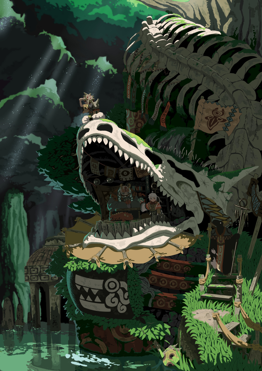 4others, absurdres, building, day, fantasy, former_manager_(artist), highres, jungle, mask, moss, multiple_others, nature, original, outdoors, pond, skeleton, stairs, tree, tribal, water, white_hair
