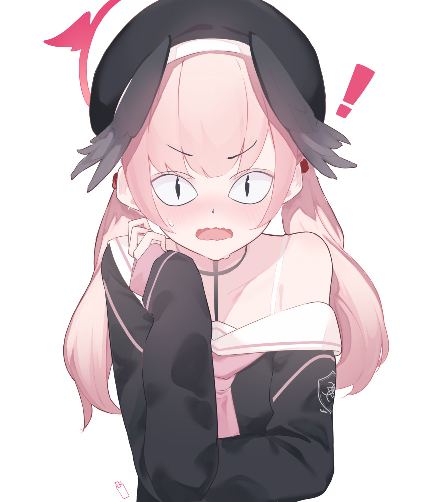 !, 1girl, beret, black_headwear, black_serafuku, black_wings, blue_archive, bra_strap