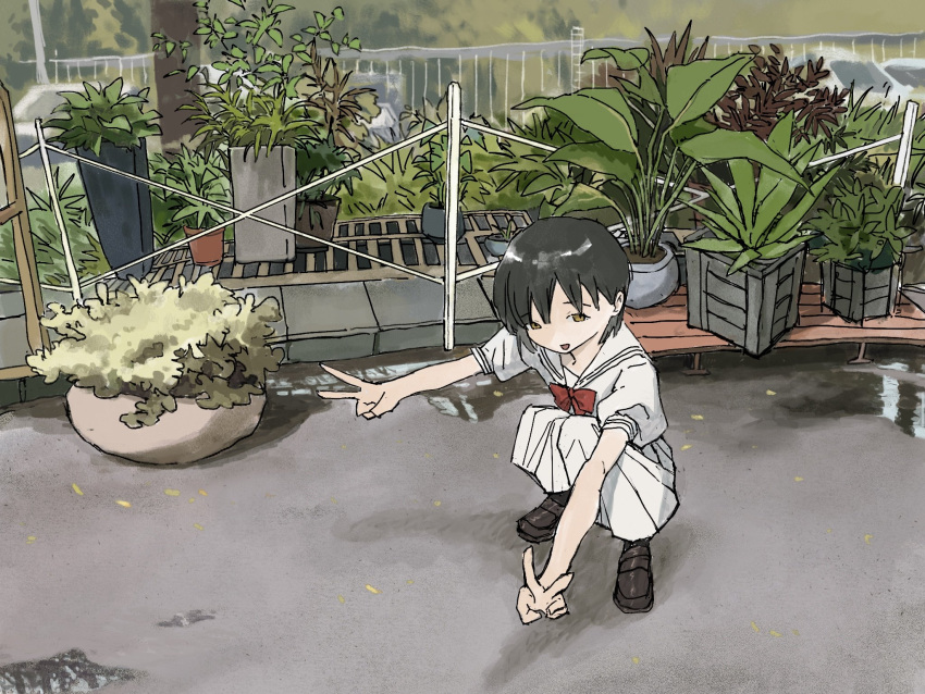 1girl, black_footwear, black_hair, day, double_v, grass, highres, loafers