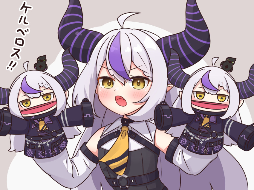1girl, ahoge, animal_on_head, ascot, bare_shoulders, bird, bird_on_head, black_horns