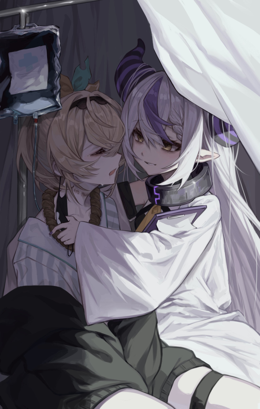2girls, absurdres, ahoge, alternate_costume, black_nails, blonde_hair, braid, braided_bangs, clipboard, collar, drooling, grey_hair, highres, hololive, horns, iv_stand, kazama_iroha, la+_darknesss, la+_darknesss_(1st_costume), lab_coat, long_hair, looking_at_another, mask, metal_collar, mouth_mask, multicolored_hair, multiple_girls, noose, oha_5250, pointy_ears, purple_hair, sitting, strangulation_mark, streaked_hair, striped_horns, sweat, sweater, tears, thigh_strap, virtual_youtuber, yellow_eyes