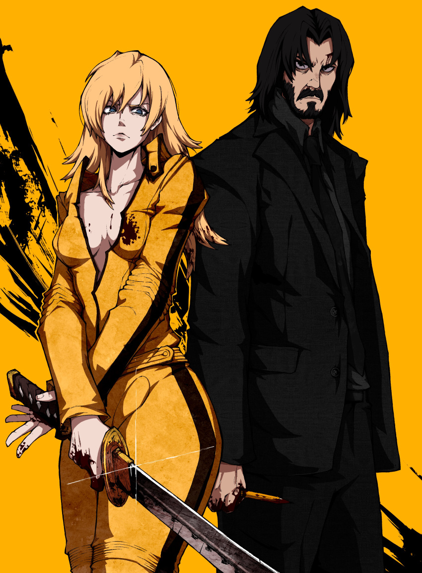 1boy, 1girl, absurdres, beard, beatrix_kiddo, black_eyes, black_hair, black_panther