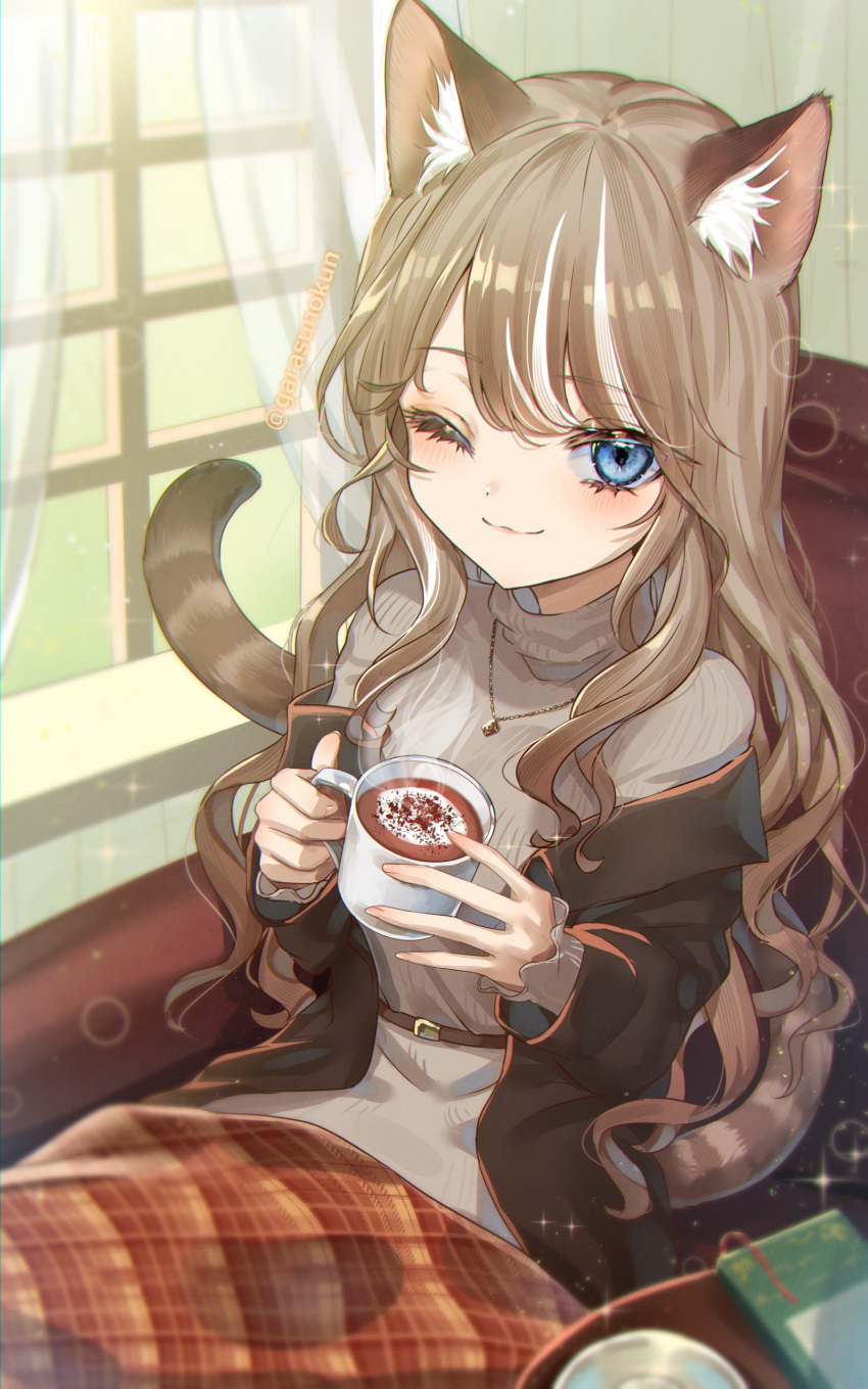 1girl, ;), absurdres, animal_ears, belt, blanket, blue_eyes, blush