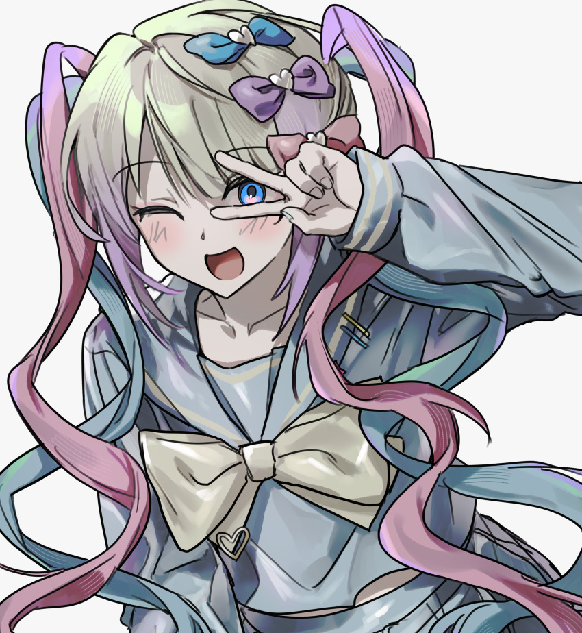 1girl, ;d, absurdres, blonde_hair, blue_bow, blue_eyes, blue_hair, blue_shirt, blue_skirt, blush, bow, chouzetsusaikawa_tenshi-chan, gradient_hair, hair_bow, hair_ornament, hand_up, heart, heart_hair_ornament, highres, long_hair, long_sleeves, looking_at_viewer, mrae_w, multicolored_hair, needy_girl_overdose, one_eye_closed, open_mouth, pink_bow, pink_hair, pleated_skirt, purple_bow, quad_tails, sailor_collar, school_uniform, serafuku, shirt, simple_background, skirt, smile, solo, twintails, v_over_eye, very_long_hair, white_background, yellow_bow