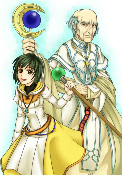1boy, 1girl, :d, bald_cap, balding, dress, fire_emblem, fire_emblem:_radiant_dawn, green_hair, hetzel_(fire_emblem), holding, holding_staff, laura_(fire_emblem), looking_at_another, old, old_man, open_mouth, purutoppu_(toranohige), robe, smile, staff, white_dress, white_robe