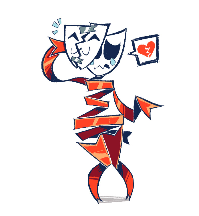 broken_heart, crying, demonbloodpal, full_body, gangle_(the_amazing_digital_circus), looking_at_viewer, mask, red_ribbon, ribbon, speech_bubble, tape, the_amazing_digital_circus, white_background