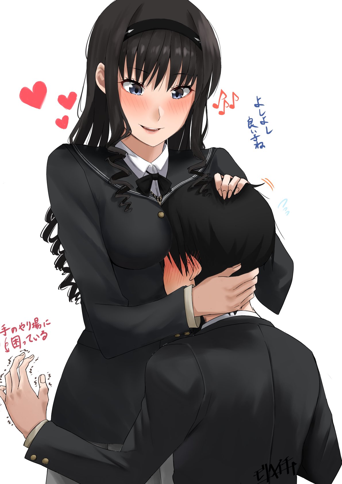 1boy, 1girl, amagami, black_hair, black_jacket, blue_eyes, blush, breast_smother