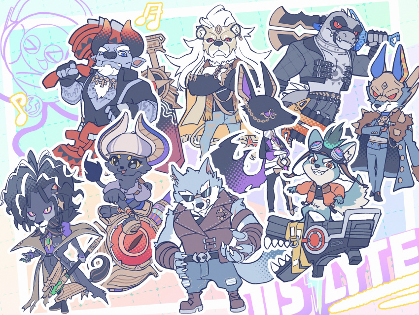 absurdres, alolin_(pazuzu)_(dislyte), animal_ears, axe, bare_pectorals, boomboom, brewster_(garmr)_(dislyte), cane