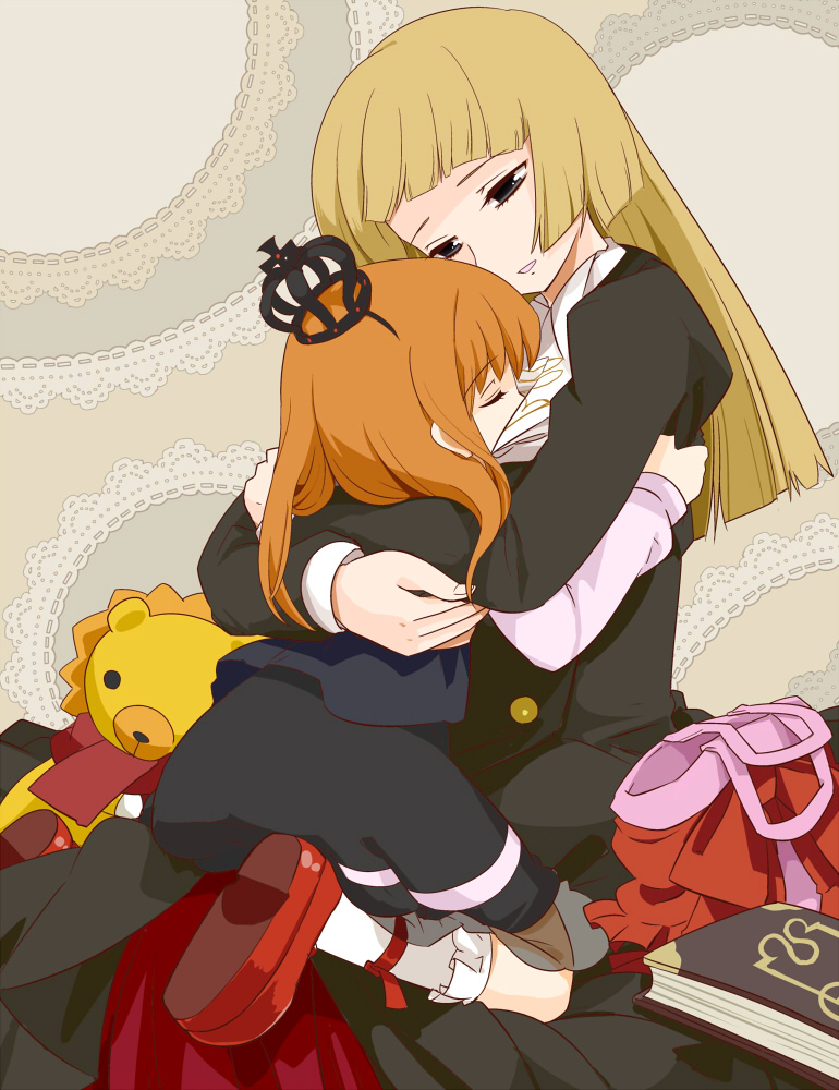 between_breasts, brown_hair, child, crown, head_between_breasts, hime_cut, hug, kamaboko