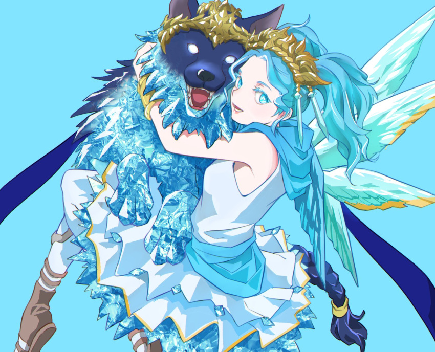 1girl, animal_hug, asymmetrical_wings, bare_shoulders, blue_background, blue_eyes, blue_hair, blue_scarf