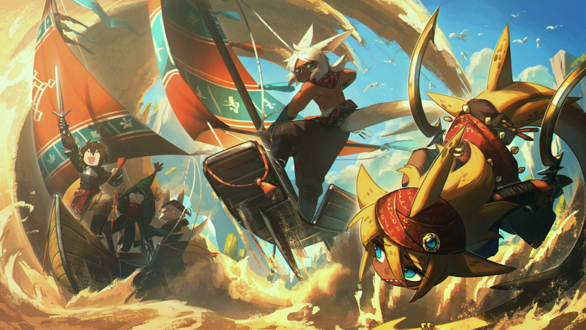 2boys, 3girls, absurdres, animal_ears, blonde_hair, blue_eyes, boat, brown_hair, dark-skinned_female, dark_skin, desert, fantasy, fin_piercing, fins, fish_tail, green_eyes, hat, highres, holding, holding_sword, holding_weapon, khopesh, multiple_boys, multiple_girls, original, porforever, prosthesis, prosthetic_arm, round_eyewear, sail, sand, sand_dune, scarf, shark_girl, shark_tail, sharp_teeth, sword, tail, teeth, turban, watercraft, weapon, white_hair, witch_hat