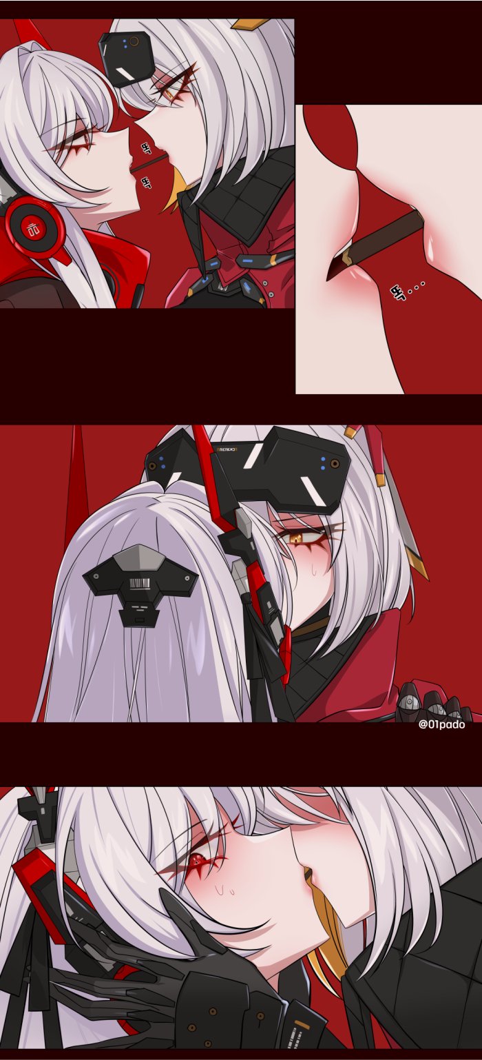01pado_pado, 2girls, alpha_(punishing:_gray_raven), black_jacket, blush, eye_contact, food_in_mouth, forehead_protector