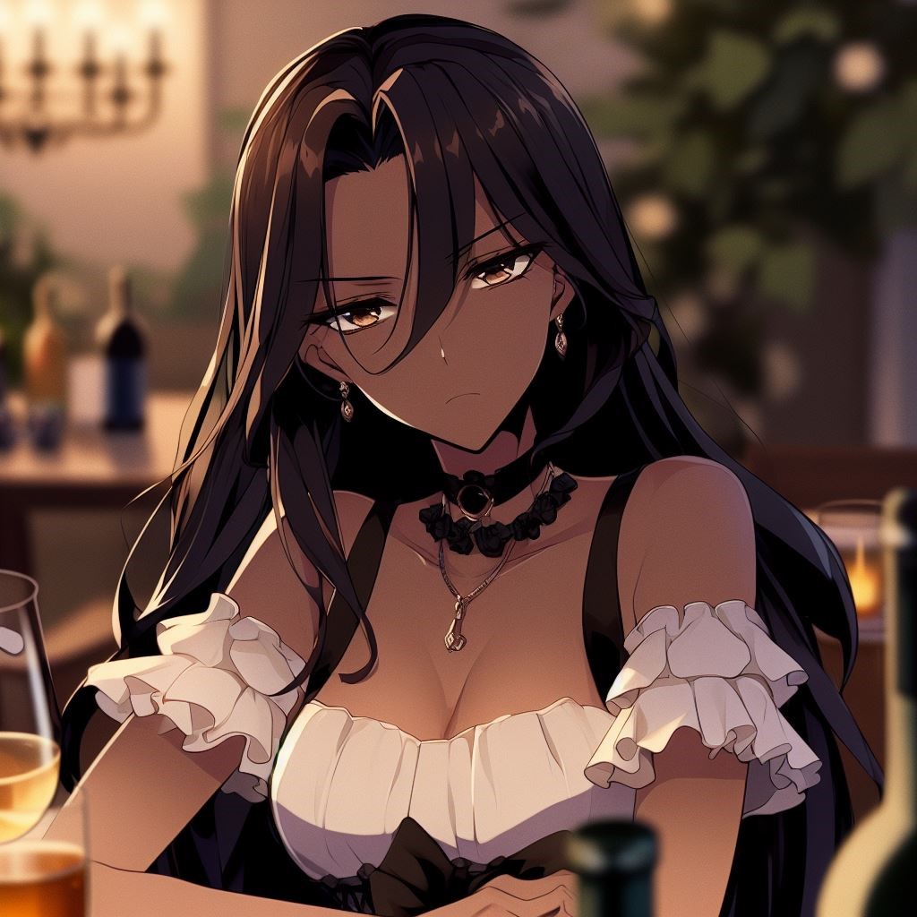 ace_combat, ace_combat_4, ai-generated, alcohol, brown_eyes, brown_hair, crossover, dark-skinned_female