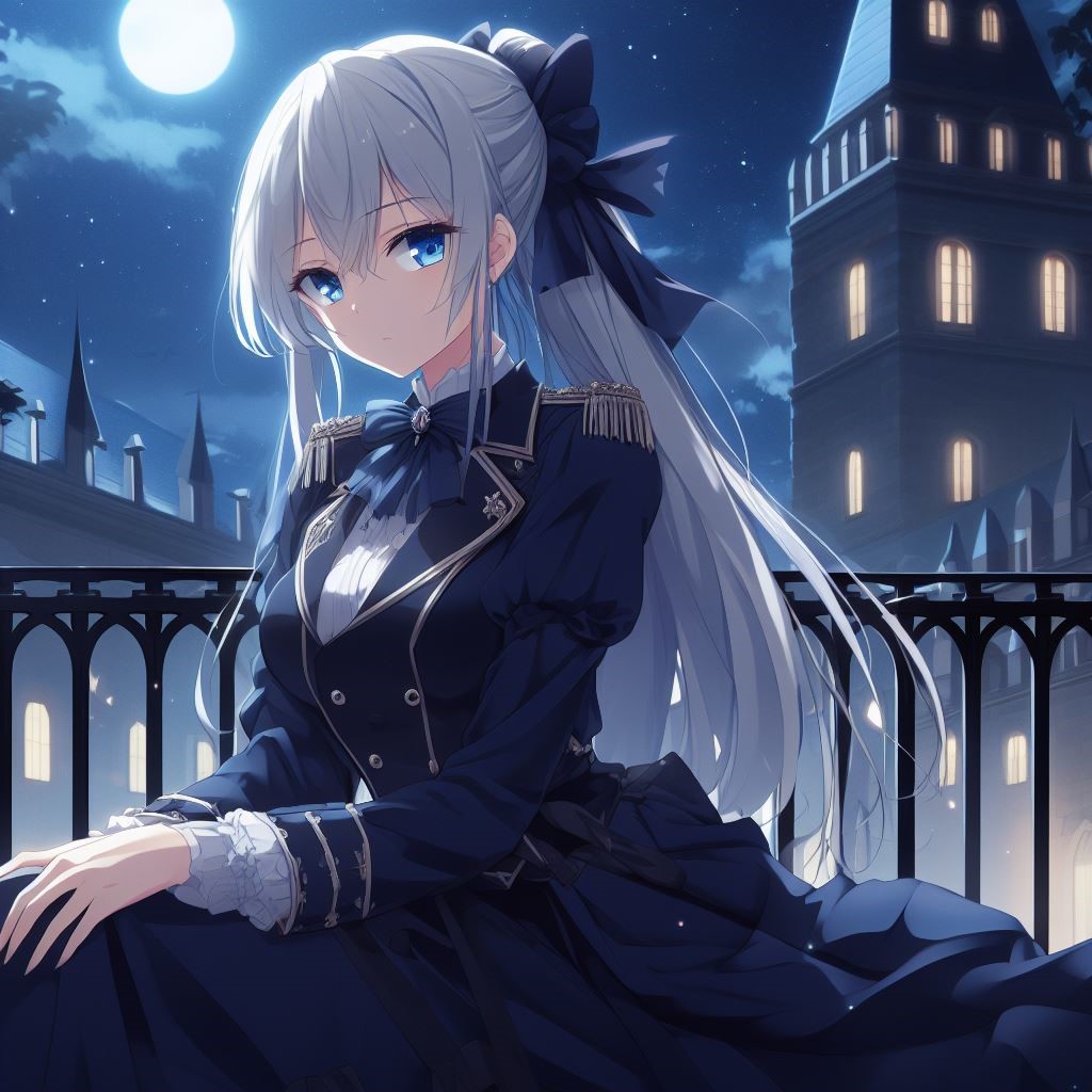 ace_combat, ace_combat_4, ai-generated, blue_dress, blue_eyes, blue_ribbon, crossover, dress, genderswap, genderswap_(mtf), hair_ornament, hair_ribbon, mobius_1, navy, non-web_source, ribbon, strike_witches, white_hair, world_witches_series