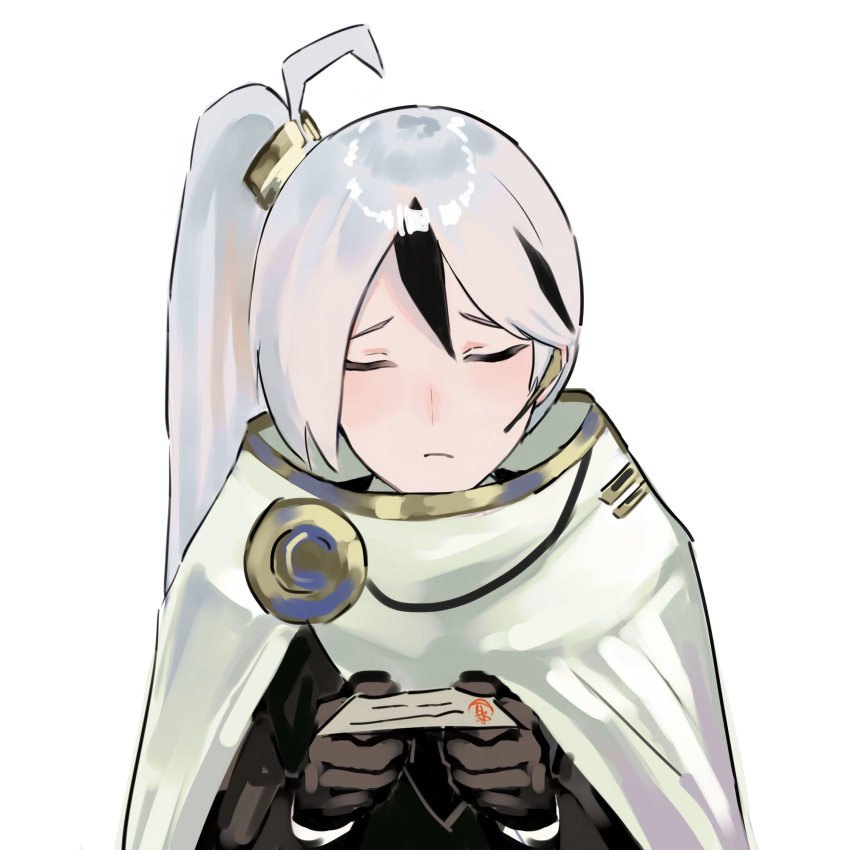 1boy, ahoge, black_gloves, black_jacket, brooch, cape, closed_eyes, closed_mouth