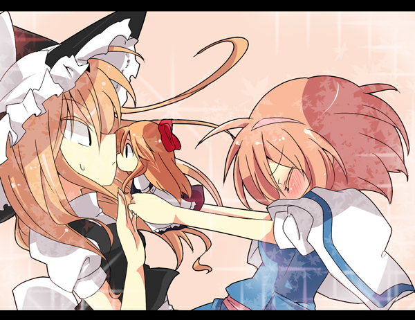 alice_margatroid, blush, closed_eyes, hat, indirect_kiss, kirisame_marisa, kiss, kita_(caramel), long_hair, shanghai_doll, touhou, witch_hat, yuri