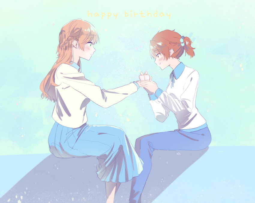 2girls, blue_background, blue_collar, blue_pants, blue_skirt, braid, brown_hair, collar