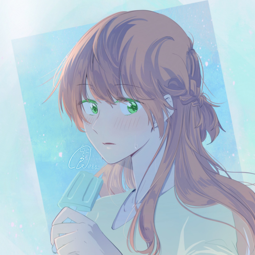 1girl, aqua_shirt, blue_background, braid, brown_hair, food, green_eyes, highres
