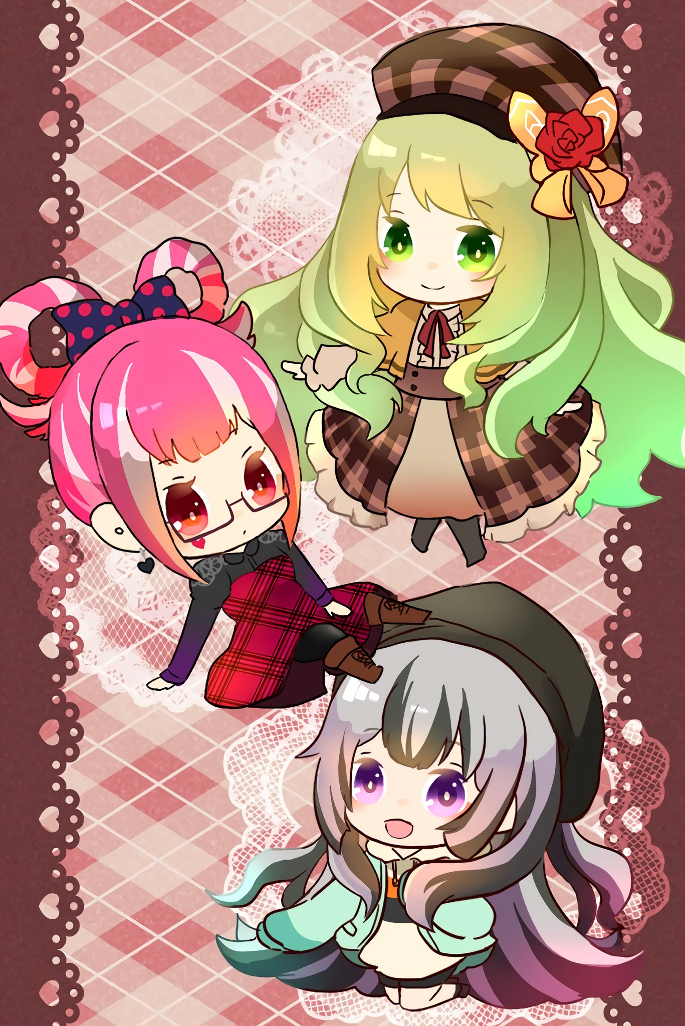 3girls, alter, blonde_hair, celine_(fire_emblem), chibi, fire_emblem, fire_emblem_engage, folded_twintails, glasses, green_eyes, grey_hair, h_u_sss, highres, hortensia_(fire_emblem), multicolored_hair, multiple_girls, pink_eyes, pink_hair, two-tone_hair, veyle_(fire_emblem), violet_eyes