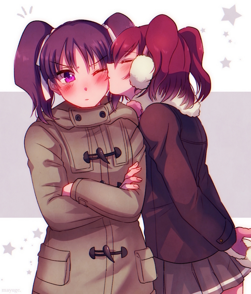 2girls, blush, closed_eyes, coat, cowboy_shot, crossed_arms, earmuffs, hair_ribbon, kazuno_leah, kiss, kissing_cheek, kurosawa_ruby, long_sleeves, love_live!, love_live!_sunshine!!, mayugeneko, multiple_girls, one_eye_closed, pleated_skirt, purple_hair, redhead, ribbon, short_hair, skirt, star_(symbol), twintails, two_side_up, upper_body, violet_eyes, winter_clothes, yuri