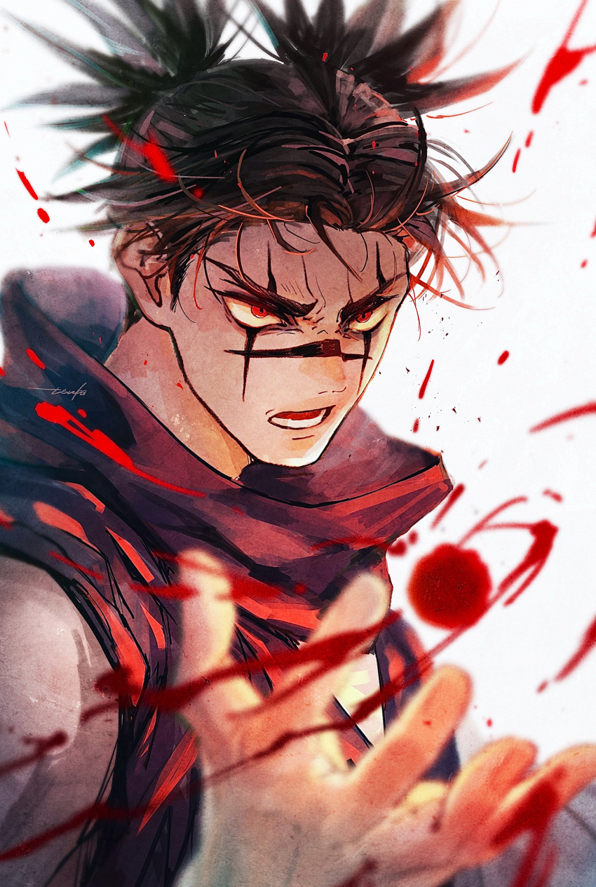 1boy, 28cg, absurdres, black_hair, black_scarf, black_vest, blood, choso_(jujutsu_kaisen)