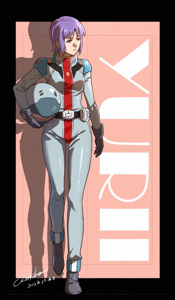 1girl, 2023, black_border, black_gloves, bodysuit, border, brown_eyes, character_name