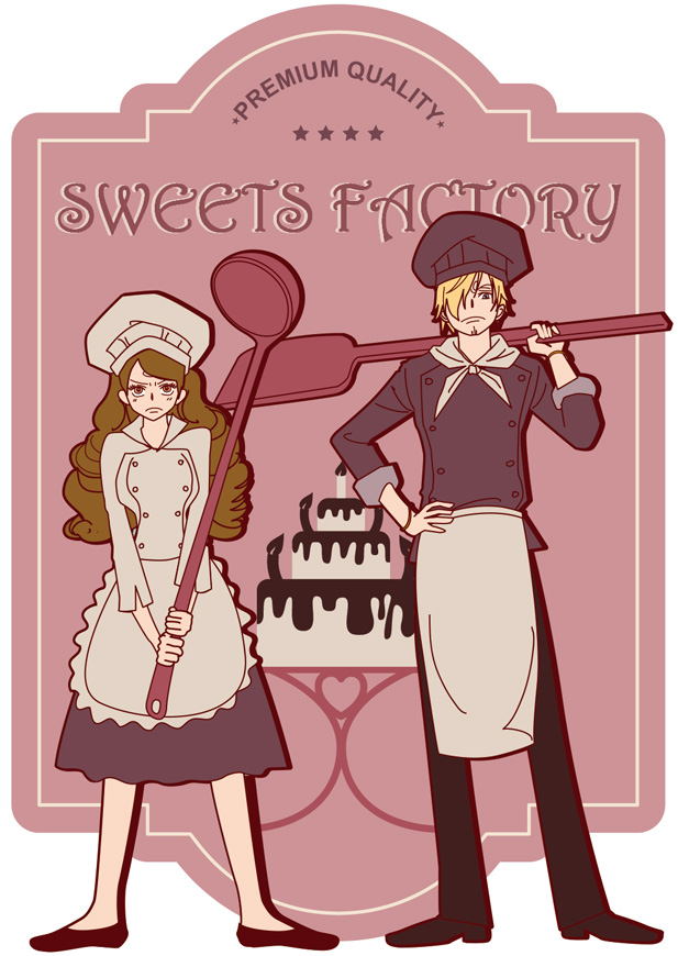 1boy, 1girl, apron, auchateaudargol, blonde_hair, brown_hair, cake, charlotte_pudding