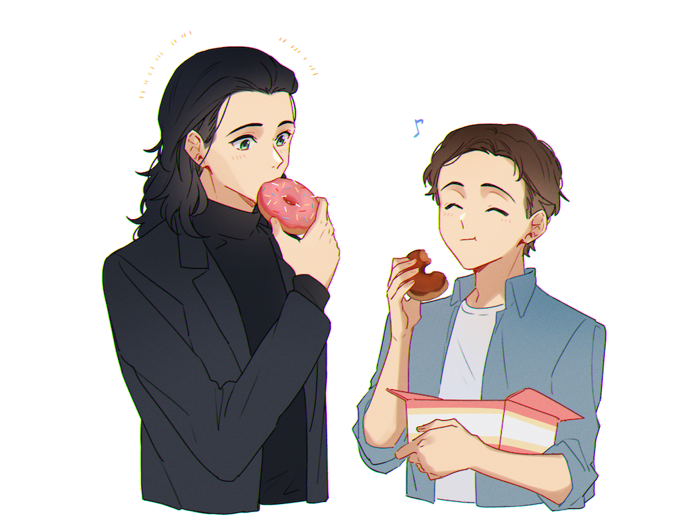 2boys, black_hair, black_sweater, blue_shirt, blush, box, brown_hair, chocolate_doughnut