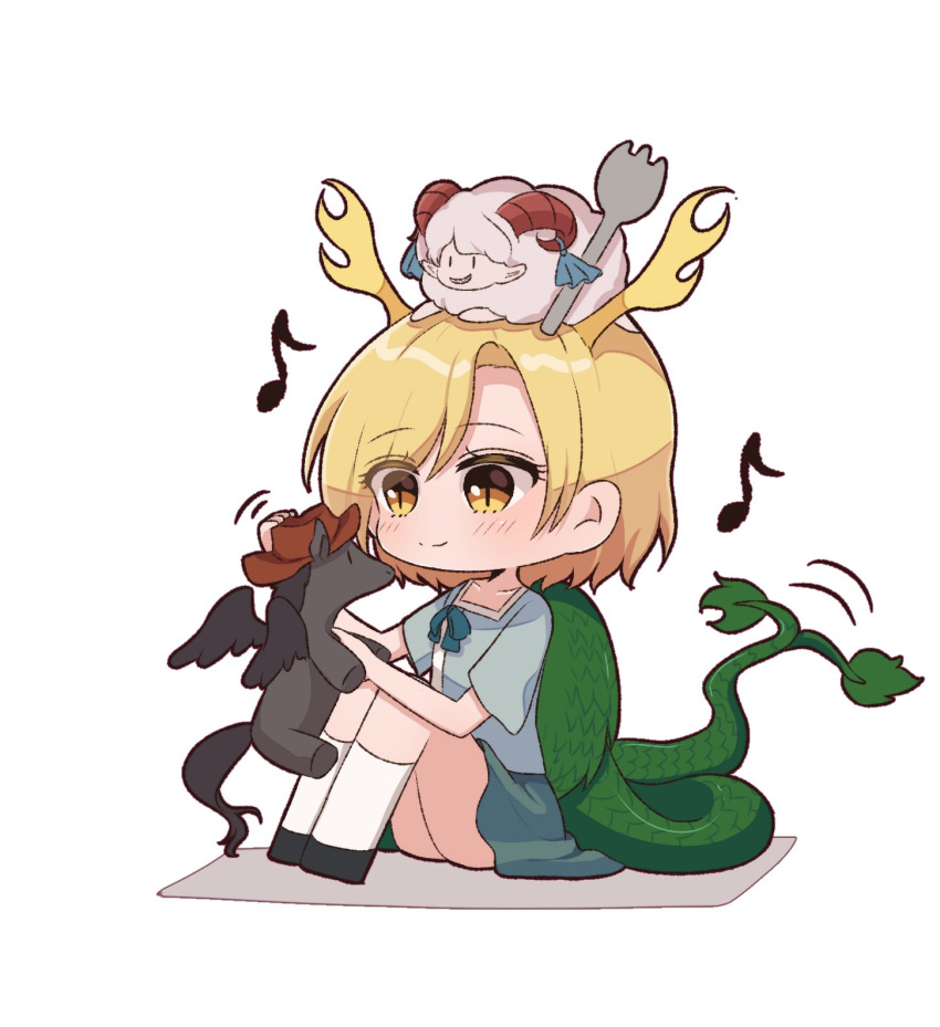 1girl, antlers, black_wings, blue_shirt, brown_headwear, cowboy_hat, dragon_girl, dragon_horns, dragon_tail, hat, highres, horns, horse_tail, kicchou_yachie, kitsunegi0891, kurokoma_saki, kurokoma_saki_(pegasus), sheep_horns, shirt, tail, touhou, toutetsu_yuuma, toutetsu_yuuma_(sheep), turtle_shell, wings