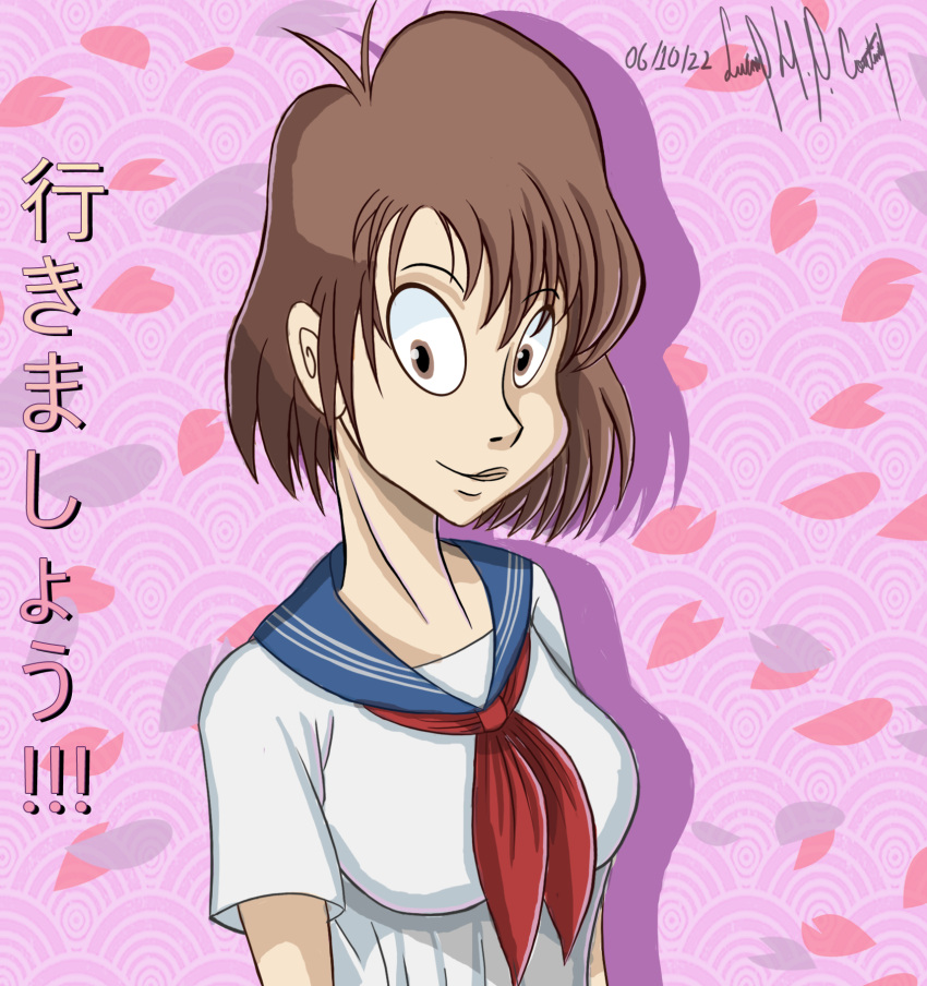 1girl, breasts, brown_hair, cherry_blossoms, highres, lupeco98, medium_breasts, original, school_uniform, toon_(style)