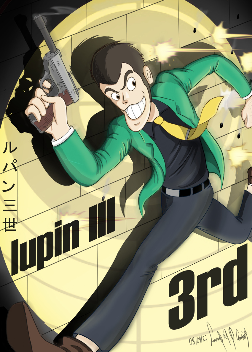 1970s_(style), arsene_lupin_iii, green_jacket, gun, handgun, highres, jacket, lupeco98